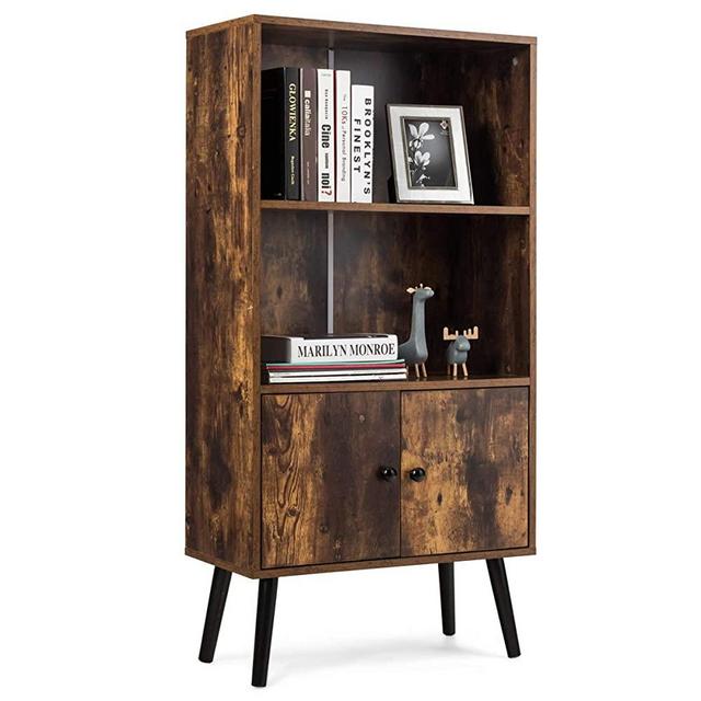 Tangkula Retro Bookcase, Freestanding Bookshelf with 2 Tier Shelves, Industrial Storage Cabinet with Doors & Solid Wood Legs, Perfect for Living Room, Library, Office (Rustic Brown)