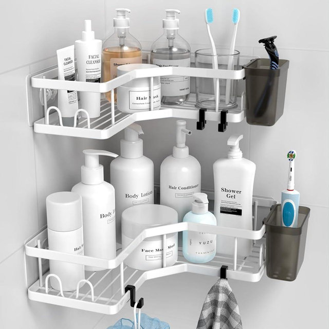 AKTECKE Shower Caddy Corner Organizer Shelf: 2Pack Adhesive Shelf Essentials - No Drilling Stainless Steel Storage Rack with Hooks and Toothpaste Holder Accessories for Bathroom
