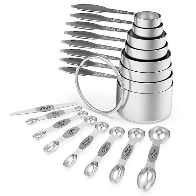 Measuring Cups & Magnetic Measuring Spoons, Wildone 16Pc Stainless Steel Measuring Cups Set, 8 Measuring Cups & 7 Double-Sided Magnetic Measuring Spoons Stackable & 1 Leveler (Gray)