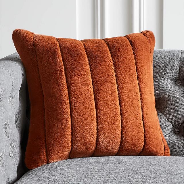 18" Channel Faux Fur Rust Throw Pillow with Down-Alternative Insert