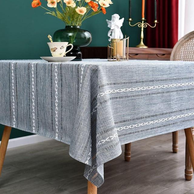 NEWISHER Rustic Farmhouse Embroidered Small Square Tablecloth Hemstitched Striped Table Cloth Linen Washable Dining Fabric Table Cover Kitchen Dining Home Decoration Blue and Grey 42x42 inch