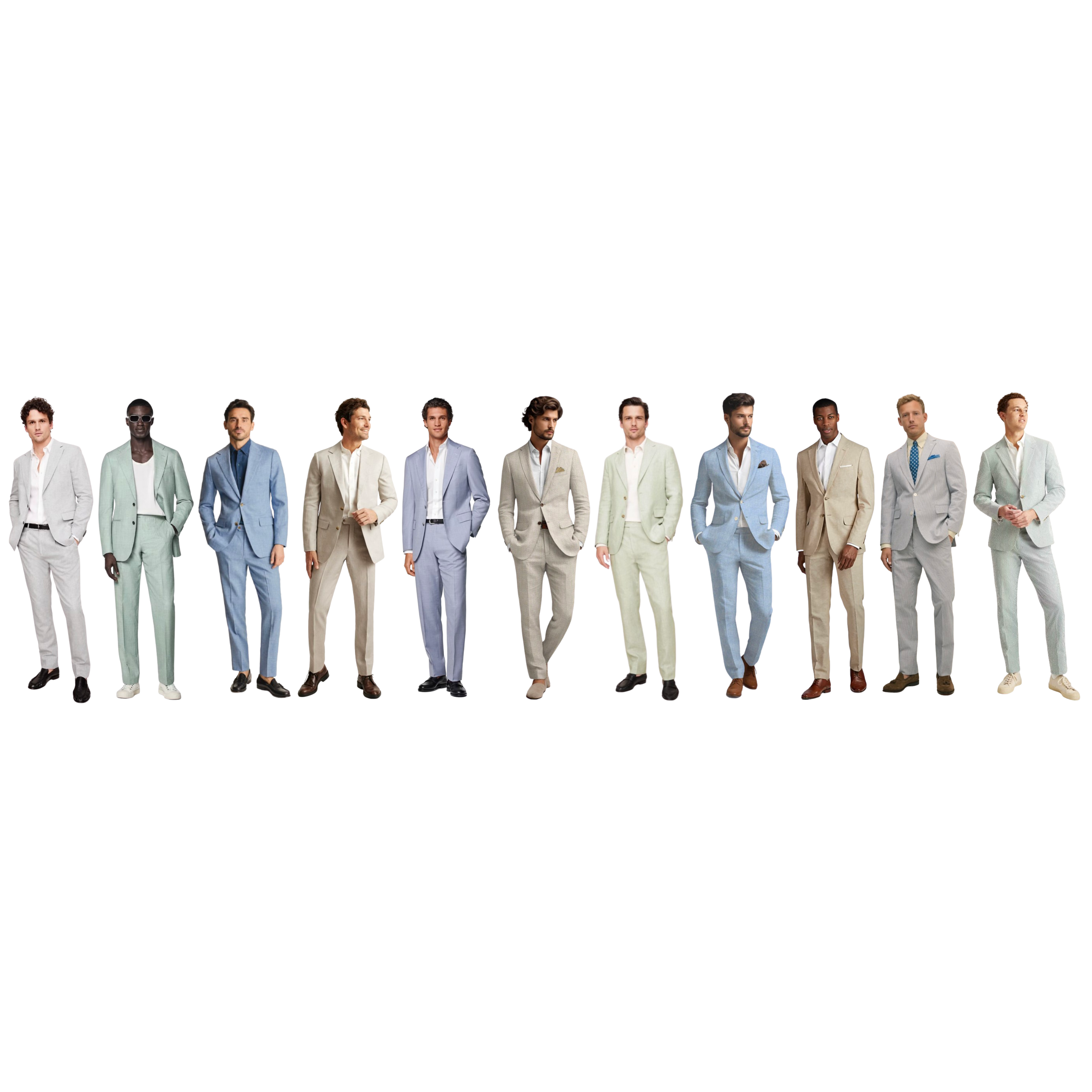 Wedding Formal Attire Examples – Men. 
Linen or seersucker suits encouraged! We recommend light colors as it will be hot. A tie is not required.