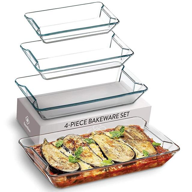 Superior Glass Casserole Dish Set - 4 Piece Rectangular Bakeware Set, Modern Unique Design Glass Baking Dish Set - Grip Handles for Easy Carry from Hot Oven To Table, Nesting for Space Saving Storage.