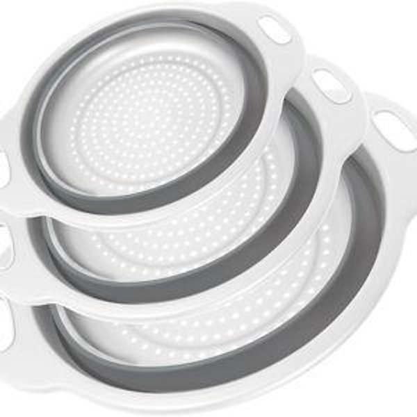Collapsible Colander 3-Pack Set Space-Saving Foldable Kitchen Strainer with Non-Slip Base Durable Thickened PP+TPE Collapsible Strainers for Pasta, Vegetables, Fruits (Gray-White)