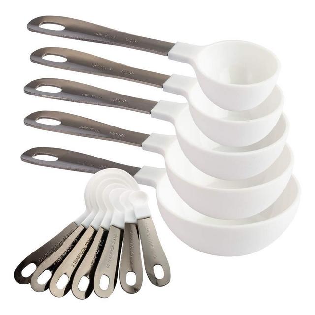 Rae Dunn Measuring Cup Set - 9 Pc. Nesting Stackable Liquid Measure Cup, Dry Measuring Cups and Spoons with Funnel and Scraper - Nesting and Clicks
