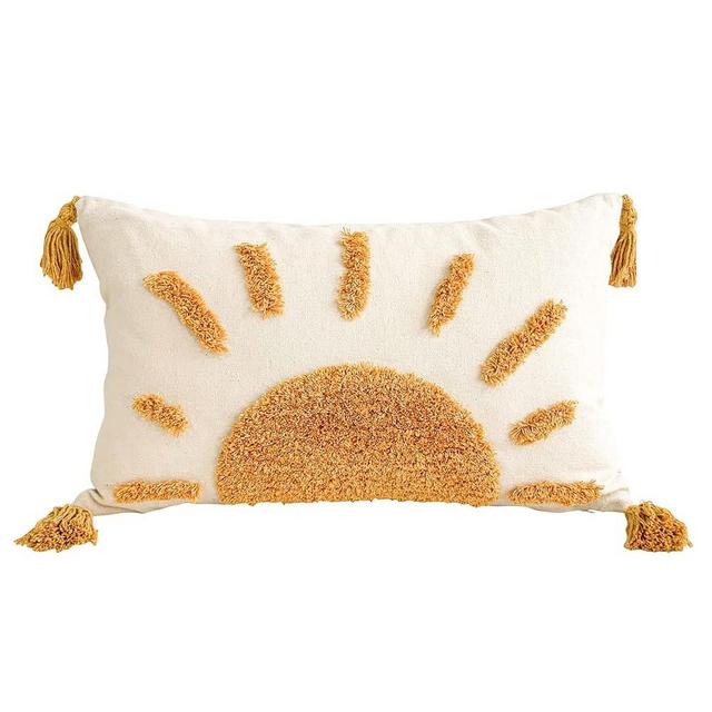 Zealax Lumbar Decorative Boho Throw Pillow Cover 12x20 Inch for Couch Living Room Outdoor, Sun Tufted Pillow Covers with Tassels Cushion Case, Rustic Farmhouse Home Decor (No Pillow Insert, 1Pc)