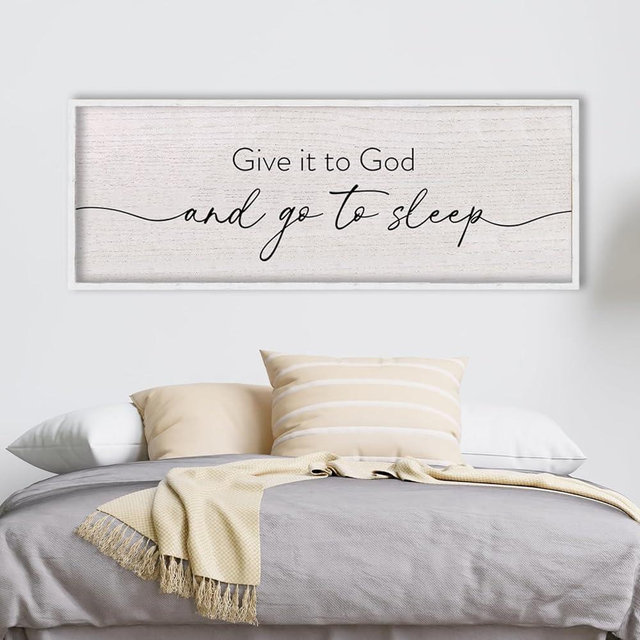 LuZhiQiang Catholic Wall Decor 40"×15" Give It To God And Go To Sleep Sign for Master Bedroom Above Over Bed Religious Faith Home Art Rustic Large Wood Framed Hanging (White)