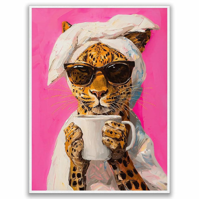 Leopard Drinking Coffee Canvas Wall Art – Maximalist Colorful Decor for Dining Room and Kitchen, Dopamine-Infused Trendy Print for Bright Mornings, Vivid Coffee-Themed Artwork 12x16in Unframed
