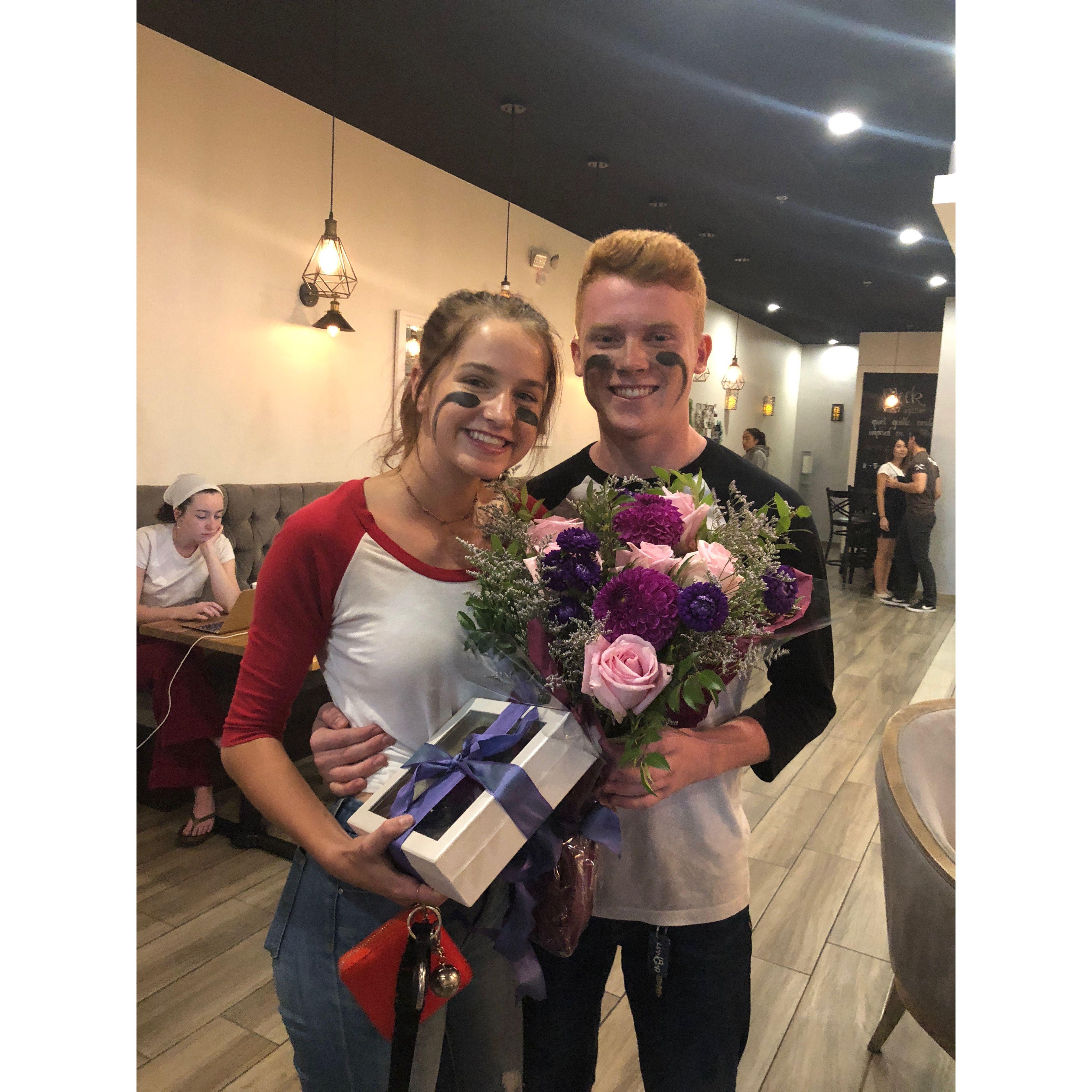 Homecoming-proposal! It was in a coffee shop after a high school football game!