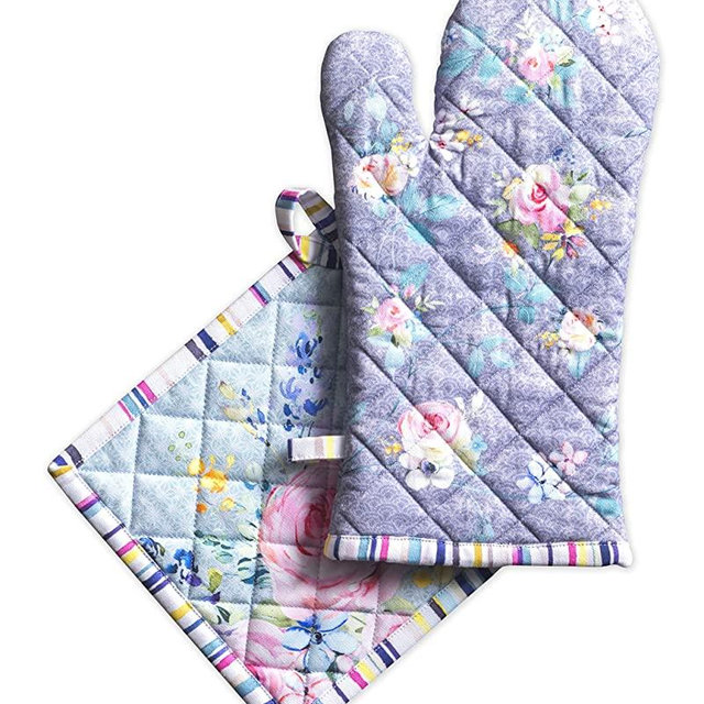 Maison d' Hermine Sweet Rose Lavender 100% Cotton Set of Oven Mitt (7.5 Inch by 13 Inch) and Pot Holder (8 Inch by 8 Inch) for BBQ | Cooking | Baking | Grilling | Microwave | Barbecue | Spring/Summer