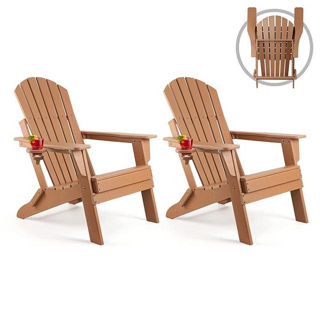 Folding Adirondack Chair Set of 2, Fire Pit Chairs, Plastic Adirondack Chairs Weather Resistant with Cup Holder, Composite Adirondack Chairs, Brown