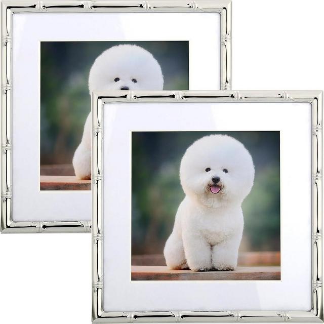 YiPinYin 6x6'' Bamboo Detail Sqaure Silver Metal Picture Frame With Mat for 4x4'' Set of 2, Narrow Silver Plated Photo Frames 4x4'' With Soft Velvet Backing for Desktop and Wall Décor(Silver)