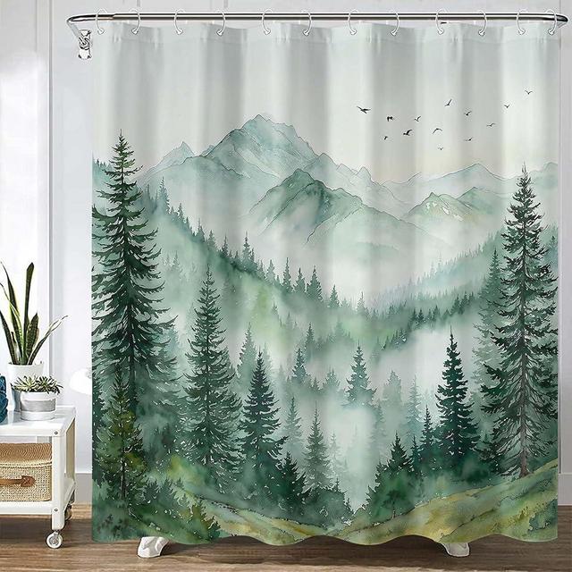 Accnicc Green Forest Mountain Shower Curtain Nature Misty Pine Tree Shower Curtains for Bathroom Rustic Watercolor Foggy Woodland Waterproof Fabric Bath Curtain Decor 72 X 72 Inches