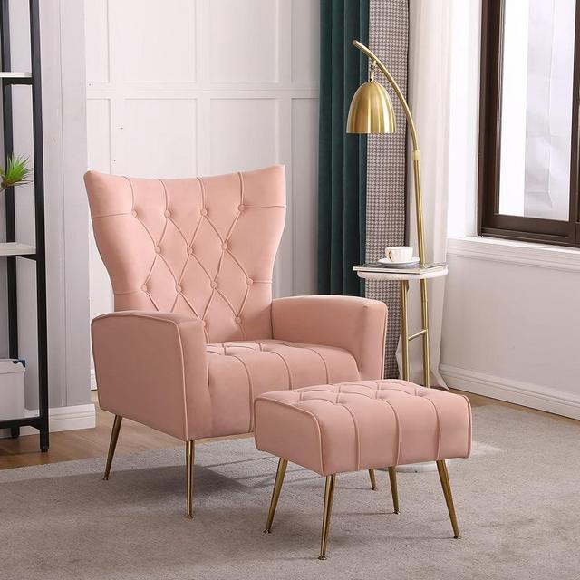 Nolohoo Velvet Accent Chair with Ottoman, Accent Chair and Ottoman Set, Upholstered Armchair with Golden Metal Legs and High Back, Side Chair for Bedroom Living Reading Room Lounge, Pink