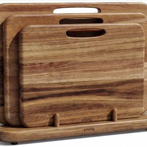 SMIRLY Wooden Cutting Boards for Kitchen, Double-Sided Cutting Board with Handle, Heavy Duty Solid Acacia Wood Cutting Board Set with Stand, 3 Pcs Cutting Boards Non Toxic for Meat Vegetable Fruit