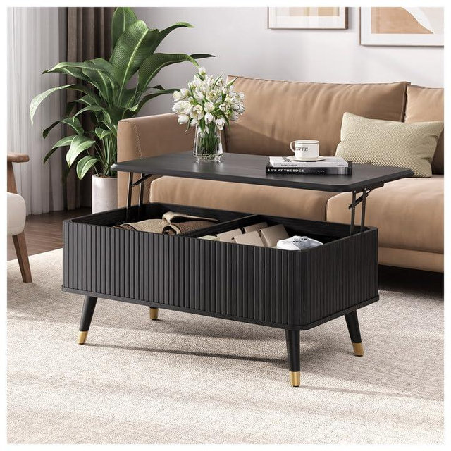 JOINICE,Lift Top Coffee Table with Storage,Mid Century Modern Coffee Table,Fluted Wood Rectangle Center Table for Living Room,Home Office,Black