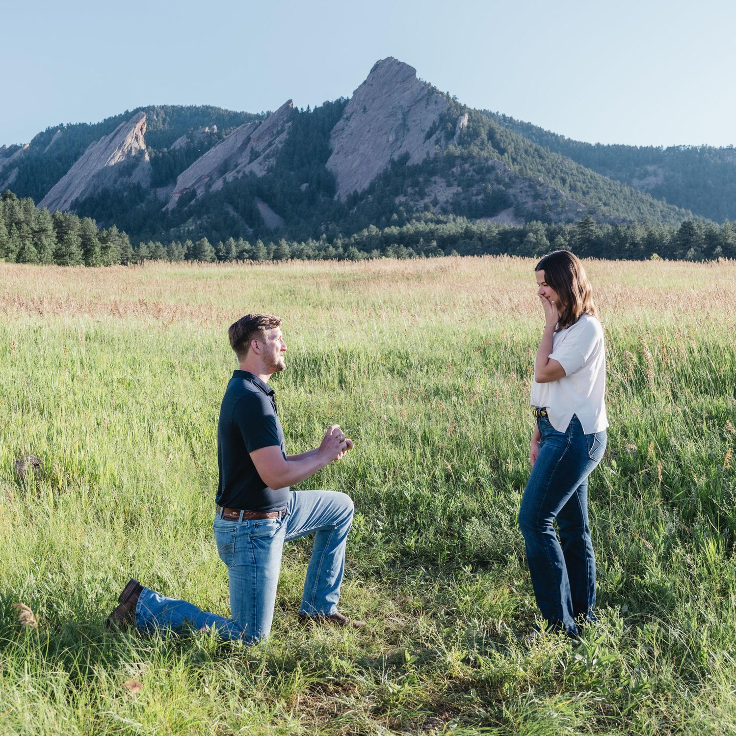 The Proposal! In Chautauqua Park in Boulder, CO on 07/06/25. Notice how Jesse-Wayne must really love Laura since he is getting absolutely blinded by the sun to make sure the photo was perfect!