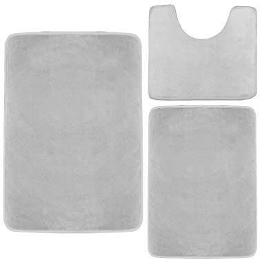 Clara Clark Memory Foam Bath Mat, Ultra Soft Non Slip and Absorbent Bathroom Rug. – Silver, Set of 3 - Small/Large/Contour