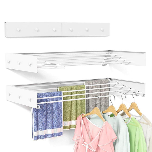 Wall Mounted Drying Rack for Laundry 31.5'', Folding Clothes Drying Rack Wall Mount with 5 Rods and 6 Hooks, Space Saving Collapsible Towel Rack for Indoor Outdoor Bathroom Balcony (White, 31.5'')