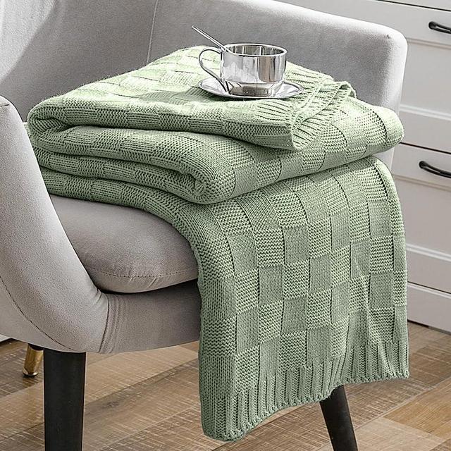 MILVOWOC Sage Knitted Throw Blanket Soft Checkered Throw Blanket Cozy Cable Knit Throw Blanket Woven Decorative Throw Blankets 50x60 Throw Blanket for Sofa Couch Bed Living Room