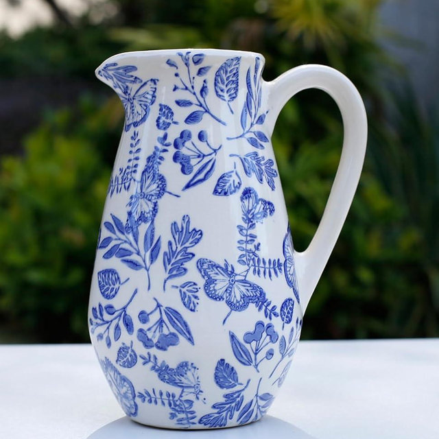 Decorative Ceramic Pitcher Vase, Blue and White Floral Pattern, Large Flower Vase for Home Decor (Blue and White, Medium)
