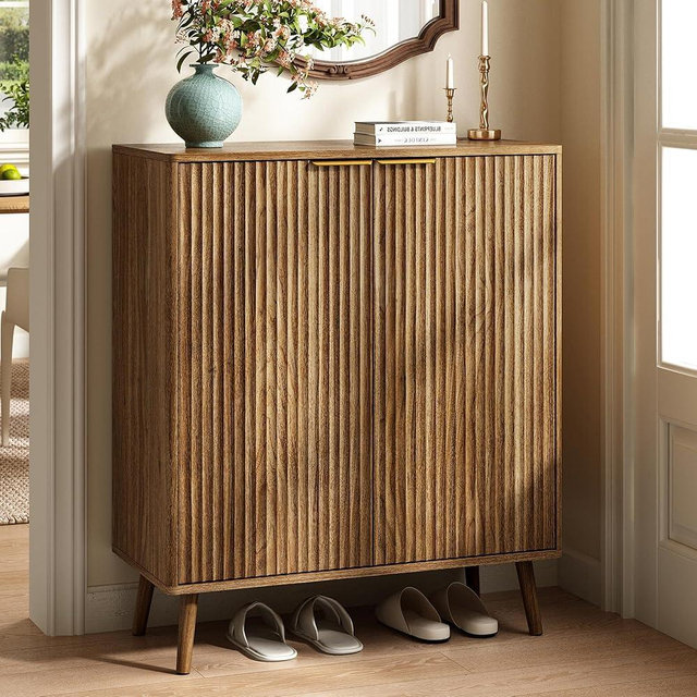 Sscaktu Fluted Shoe Cabinet with Doors, 5-Tier Shoe Storage Cabinet with Adjustable Shelves, Wooden Freestanding Shoe Organizer Shoe Cabinet for Entryway,Hallway,Living Room, Natural Oak