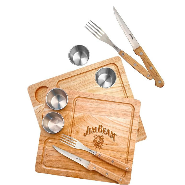 Jim Beam® 2 Pack Steak Serving Set - Durable Para-wood Serving Boards, Built-in Drip Grooves, Anti-Skid Feet, Service for Two, Includes Forks, Knives, and Sauce Cups, Board Size 10" x 9" x 0.4"