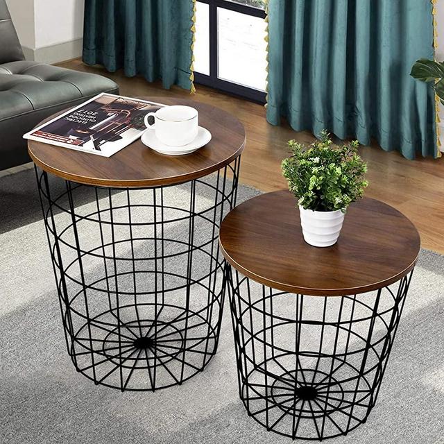 amzdeal Nesting Coffee Table with Storage, Stacking Side Table for Living Room,Modern End Table with Metal Basket and Removable Wood Top-Set of 2