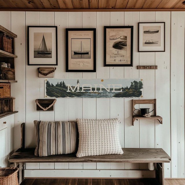 Maine Felt Banner | Vintage Coastal State Pennant, Lighthouse & Pine Shoreline Wall Decor, New England Home Accent, Made in USA Gift