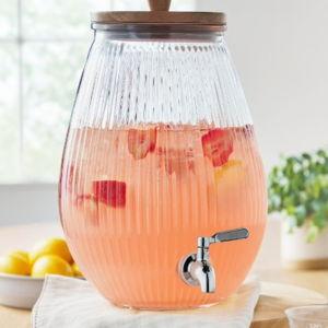 The Pioneer Woman Glass 2 Gallons Ribbed Beverage Dispenser with Wood Lid