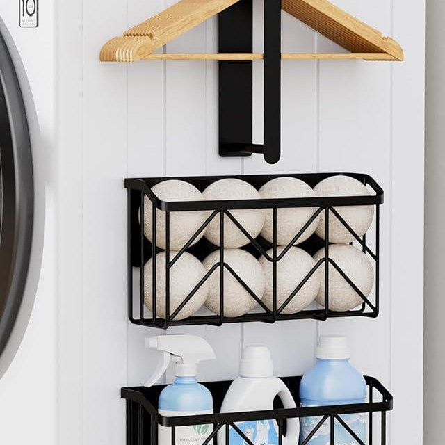 DAOYA Magnetic Dryer Ball Holder and Magnetic Hanger Holder Set - Magnetic Basket Storage for Dryer Balls, Laundry Pods, Dryer Sheets, Laundry Room Organization and Storage, Black