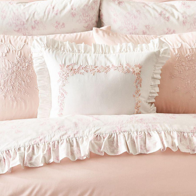 LoveShackFancy Embroidered Ruffle Pillow Cover, 20" x 20", Ivory/Pink