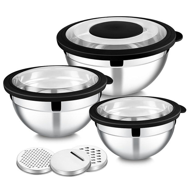 E-far Mixing Bowls with Lids and Graters, Stainless Steel Salad Mixing Bowl with Transparent Lid Set of 3, Metal Nesting Salad Storage for Kitchen Prepping/Serving/Baking, 4.6/2.6/1.5QT - Black