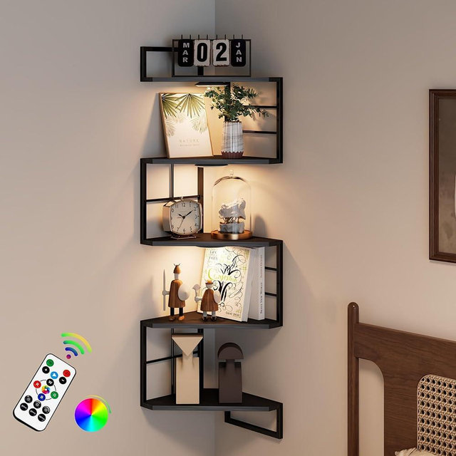 WFSRESTD Floating Corner Shelves with Light - 5 Tiers Metal Corner Shelf Wall Mounted for Bedroom Living Room Office Kitchen, Easy-to-Assemble Corner Wall Shelves, Black