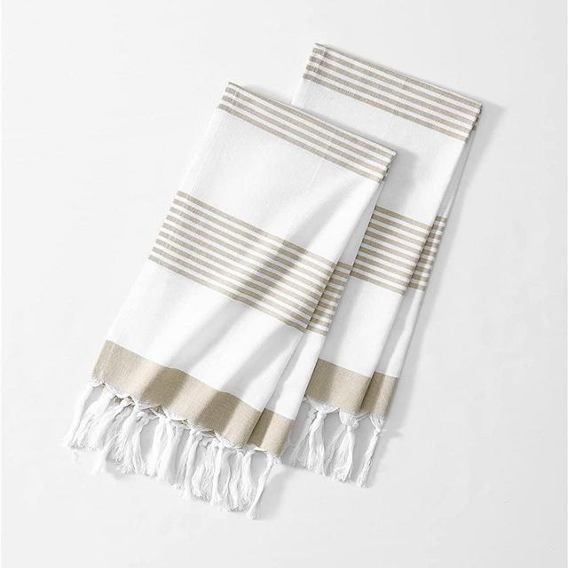 Elrene Home Fashions Boho Harper Stripe Knotted-Tassel Hand Towels, 16 Inches by 30 Inches, Set of 2, Beige