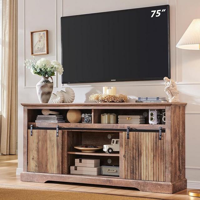 Fluted TV Stand for 75 Inch TVs, 32" Tall Modern Entertainment Center with Waveform Panel Sliding Door, Media Console Cabinet with Storage & Adjustable Shelf for Living Room, 66 inch-Light Brown