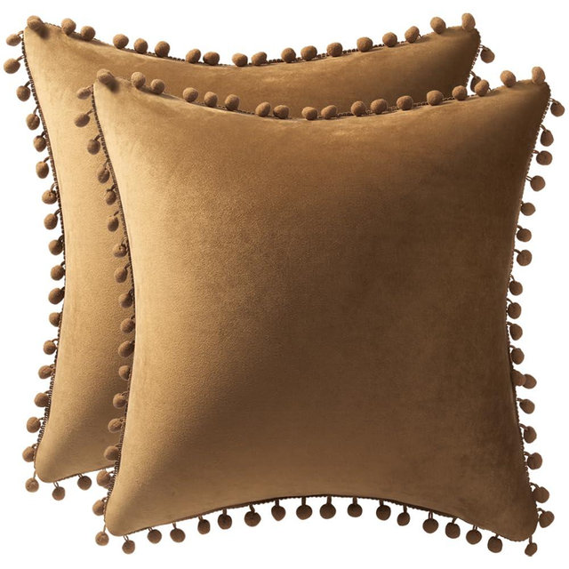 DEZENE Throw Pillow Cases 16x16 Golden Brown: 2 Pack Cozy Soft Pom-poms Velvet Square Decorative Pillow Covers for Farmhouse Home Decor