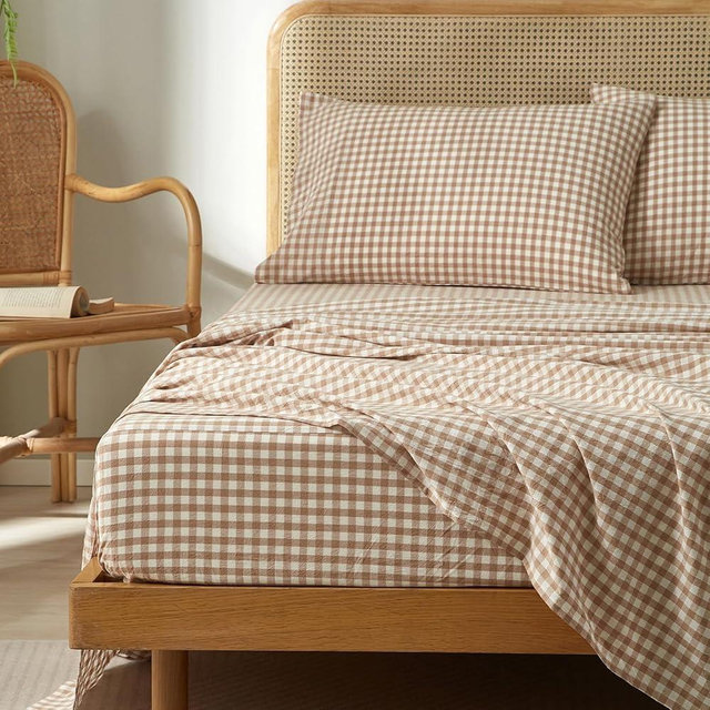 HighBuy King Size Sheet Set 100% Washed Cotton Gingham Bedding Sheets, Cooling & Breathable Tan Taupe Plaid Design,Comfortable Feel, 16" Deep Pocket, 4-Piece Sheets Set,Farmhouse Grid Sheets