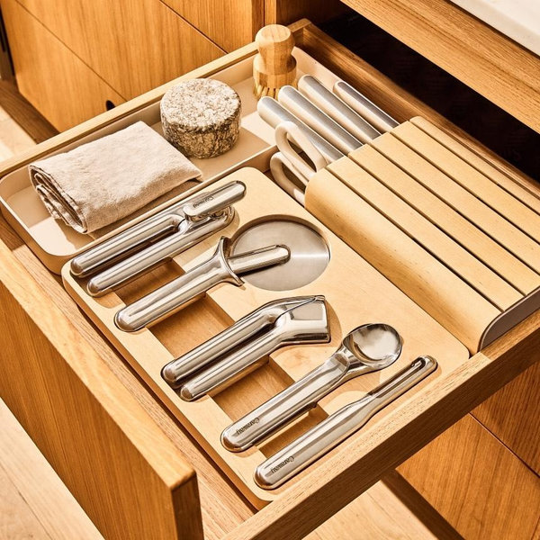 Caraway Kitchen Gadget Set - 5 Piece Kitchen Essentials - Stainless Steel - Includes Can Opener, Pizza Cutter, Garlic Press, Ice Cream Scoop, Vegetable Peeler, and Storage Organizer