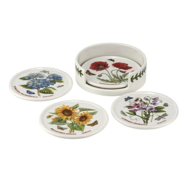 Portmeirion Botanic Garden Ceramic Coasters with Holder | Set of 4 Round Drink Coasters | Assorted Floral Motifs | 3.75 Inch Coasters for Tabletop Protection