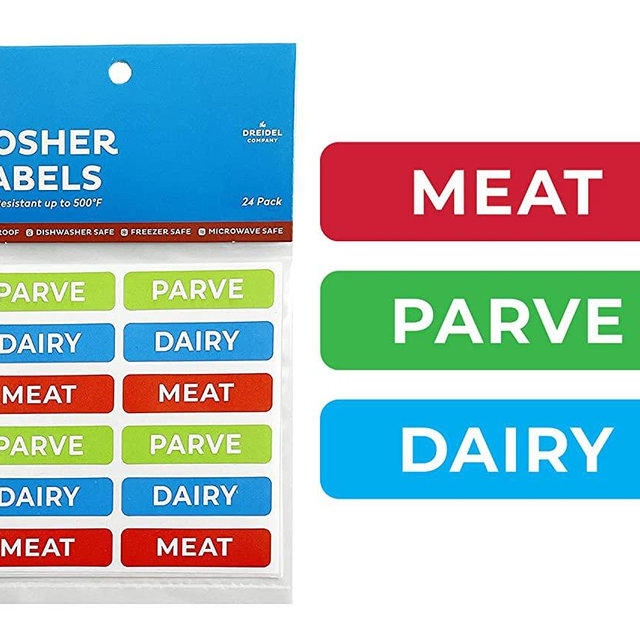 Assorted Kosher Labels, 8 Blue Dairy, 8 Red Meat, 8 Green Parve Stickers, Oven Proof up to 500°, Freezable, Microwavable, Dishwasher Safe, English, Color Coded Kosher Kitchen Tools (48-Pack)