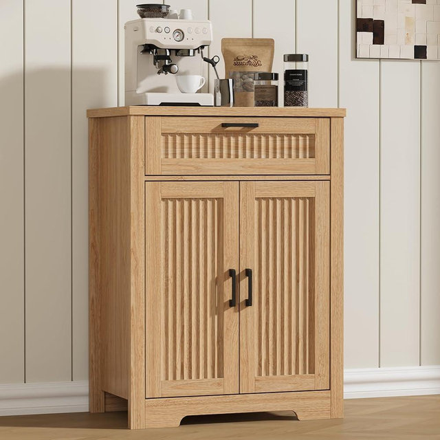 Buffet Cabinet with Storage Drawer, Farmhouse Coffee Bar Table with Storage Drawer and Adjustable Shelf, Small Fluted Sideboard Cabinet for Kitchen, Dining Room, Living Room, Entryway, Natural Oak