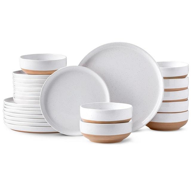 AmorArc Ceramic Dinnerware Sets for 8, 24 Pieces Handpainted Plates and Bowls Set with Rustic Terracotta Underside, Scratch Resistant Stoneware Dishes Set, Dishwasher & Microwave Safe,Light Beige