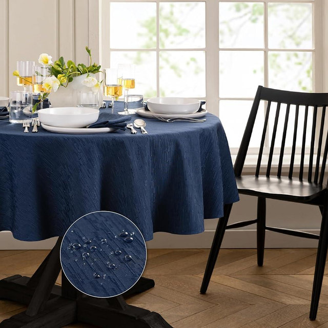 Elrene Home Fashions Continental Solid Texture Water, Stain & Wrinkle Resistant Tablecloth, 60"X84" Oval, Navy