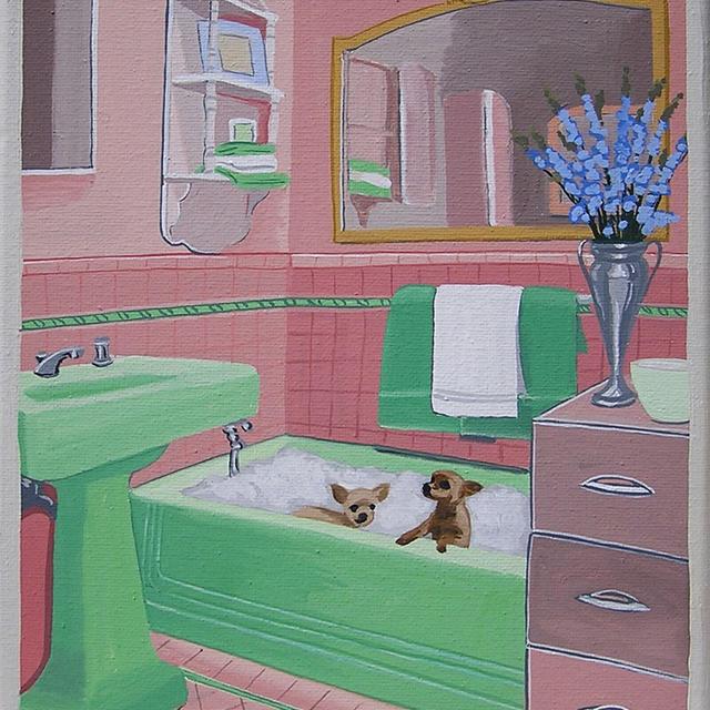 Mid Century Modern Eames Retro Limited Edition Print from Original Painting Chihuahuas in the Bath