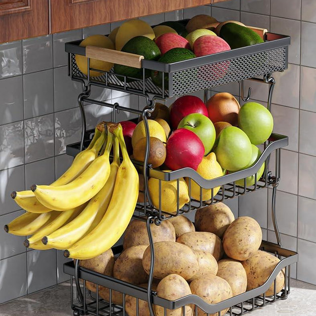OKZEST 3-Tier Fruit Basket for Kitchen Counter, Wall Hanging Fruit Bowl and Kitchen Countertop Organizer with 2 Banana Hangers, Fruit Storage Stand for Storing Potato Onion Snack Bread Fruit Veggie