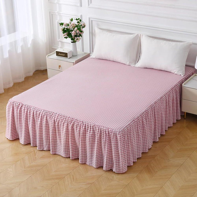 Silnuo Vintage Pink/White Plaid Bed Skirt Washed Cotton Vintage Gingham Checkered Dust Ruffle Queen Size 14" Bedding(1 Bed Skirt Only)