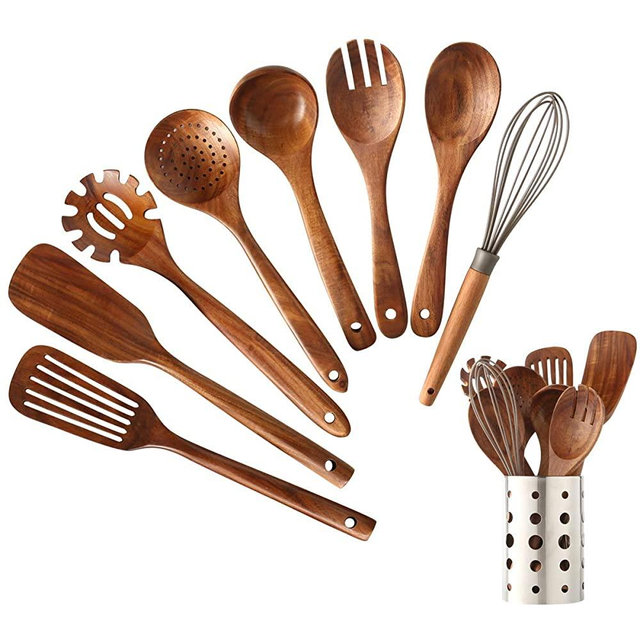 Wooden Kitchen Utensils set With Utensil Holder,NAYAHOSE Wooden Spoons for cooking Natural Teak Wood Kitchen Spatula Set for Cooking including Spoon Ladle Fork 9 Pack