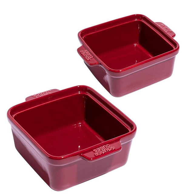 Souper Cubes Stoneware - 5" x 5" Small Ceramic Baking Dishes with Silicone Covers Set - Small Casserole Dishes for Oven - Set of 2 - Cranberry
