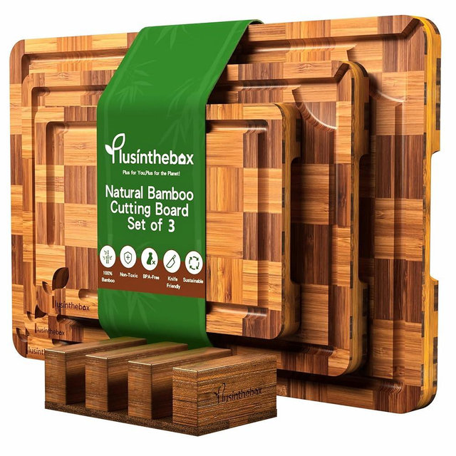 Bamboo Cutting Board Set of 3 for kitchen Checkered End Grain Wood Chopping Boards with Storage Stand & Deeper Juice Grooves | Wooden Butcher Block for Meat, Cheese, Charcuterie & Kitchen Prep